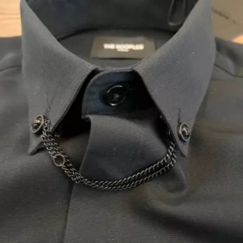 THE KOOPLES MEN'S DRESS SHIRT BLACK SKULL SLIM FIT CHAIN DETAIL SIZE M